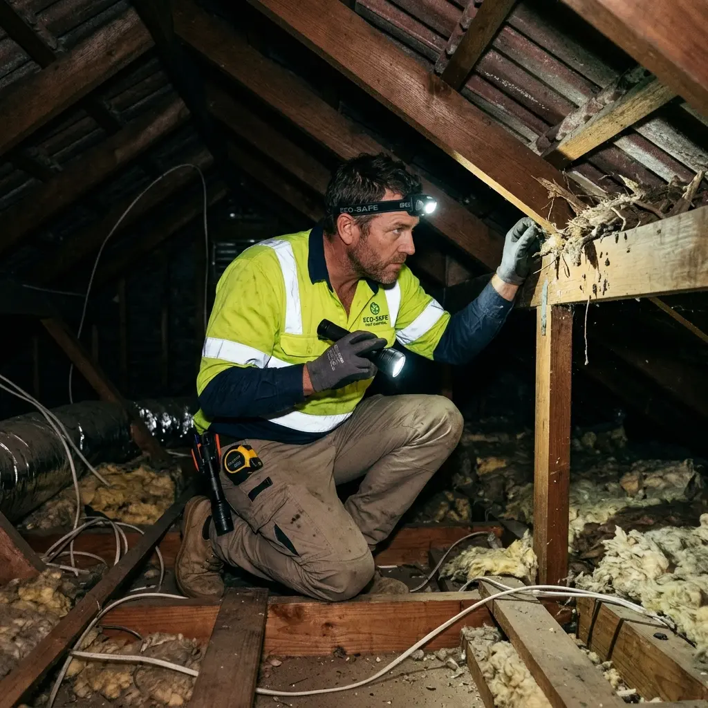 Technician inspecting a roof cavity for a dead animal in Fraser Rise
